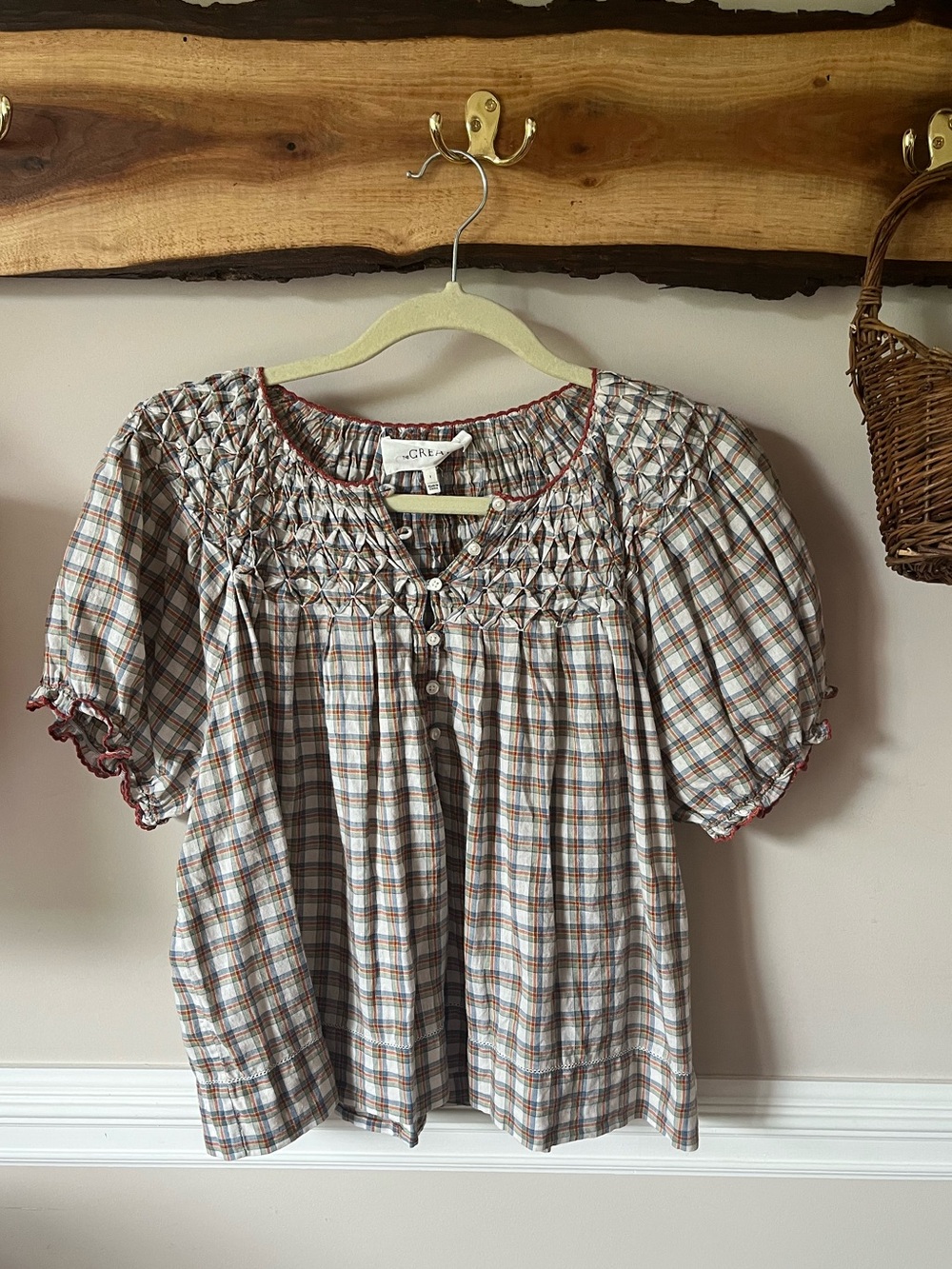 SOLD The Great Hazel Top Women's Size 1 US S Smocked Meadow Plaid Short Sleeve